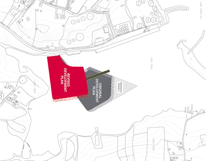 Ocean Choice International has revised its plans for a cold storage facility and pier at Long Pond Harbour, moving the location of the site a little further to the west in the harbour. The area marked in red on this map shows the proposed new location. — Contributed