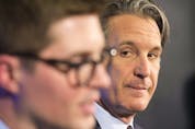 Leafs president Brendan Shanahan, left, says he and GM Kyle Dubas are sticking with the plan. STAN BEHAL/TORONTO SUN FILES