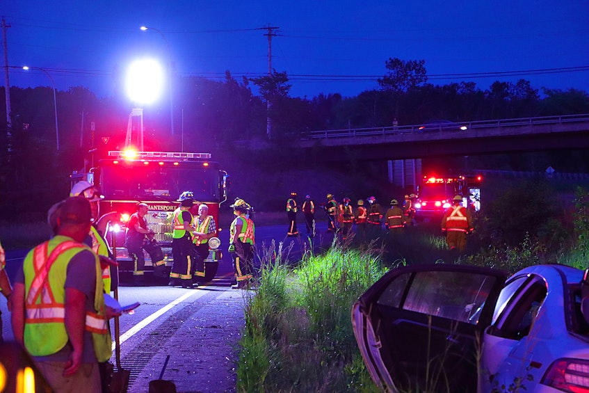 Firefighters from Hantsport and Wolfville attended a single vehicle rollover on Highway 101 near Avonport June 29. - Adrian Johnstone - Contributed