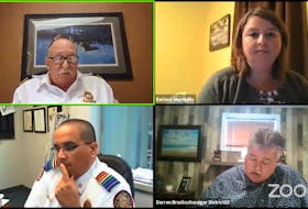 Clockwise from top left, Howie Centre Volunteer Fire Department Chief Jim Prince, Deputy Mayor Earlene MacMullin, Coun. Darren Bruckschwaiger and Cape Breton Regional Fire Service Chief Michael Seth gather virtually for Tuesday's fire and emergency services committee meeting. CONTRIBUTED • YOUTUBE 