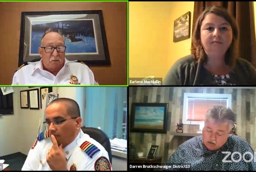 Clockwise from top left, Howie Centre Volunteer Fire Department Chief Jim Prince, Deputy Mayor Earlene MacMullin, Coun. Darren Bruckschwaiger and Cape Breton Regional Fire Service Chief Michael Seth gather virtually for Tuesday's fire and emergency services committee meeting. CONTRIBUTED • YOUTUBE 