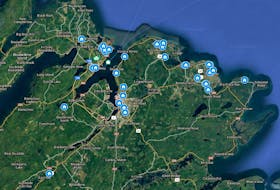Locations of the 34 properties with dwellings on them in the Cape Breton Regional Municipaity property tax sale currently underway. Greg MacNeil • Cape Breton Post