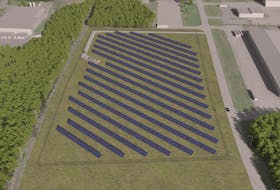 An aerial drawing of what Amherst’s 2,700-MWh solar garden will look like when it’s completed later this year.