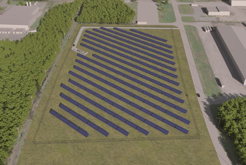 An aerial drawing of what Amherst’s 2,700-MWh solar garden will look like when it’s completed later this year.