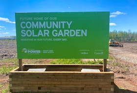 A sign at the location of the 2,700 MWh solar garden in Amherst’s industrial park that announced by Nova Scotia Power on Friday.