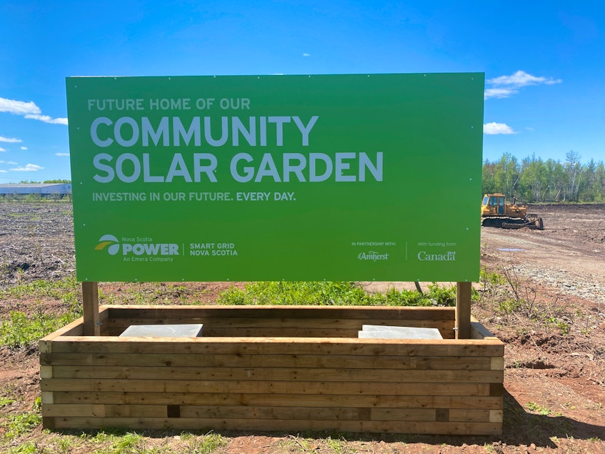 A sign at the location of the 2,700 MWh solar garden in Amherst’s industrial park that announced by Nova Scotia Power on June 4. - Contributed