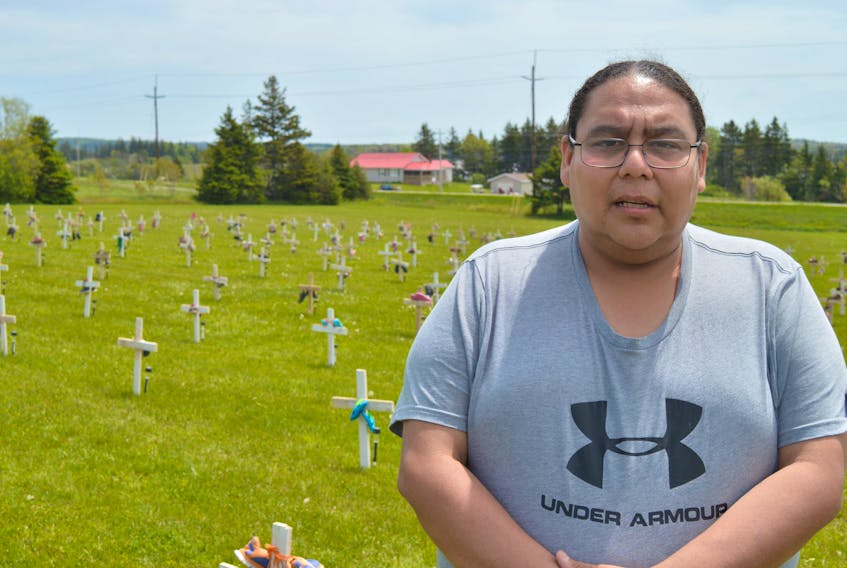 The Abegweit First Nation community in Scotchfort has placed 215 crosses just off Route 2, one each in memory of the 215 children at a former residential school in Kamloops, B.C. whose remains were found recently. Stephenson Joe, a resident of the Abegweit First Nation, said it’s part of the Breaking the Silence ceremony taking place in the community until June 8. A child’s shoes are laced over each cross. Joe said the public is welcome to visit the makeshift gravesite and pay its respects.