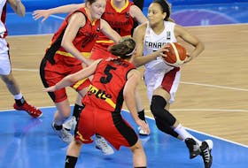 Daneesha Provo, shown here at a FIBA women’s Olympic qualifying tournament in February, 2020, in Belgium, injured her left Achilles tendon on Tuesday during the Canada Basketball senior women’s national team training camp in Tampa, Fla. She flew home Tuesday and will have surgery next Friday. - CANADA BASKETBALL