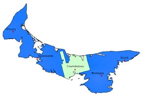 The two EI zones in P.E.I. are shown in this map. The area marked in blue is zone 1 and the area marked in green is zone 2, where workers are required to work more hours to qualify for fewer weeks of benefits. Taken from the Government of Canada website.
