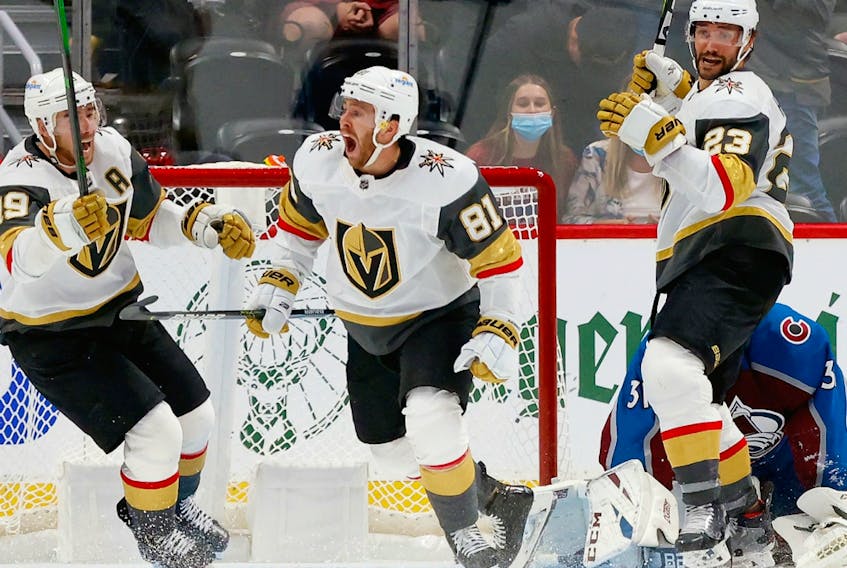 Jonathan Marchessault (81) of the Vegas Golden Knights celebrates after scoring against the Colorado Avalanche in Game 5 of their second-round playoff game at Ball Arena on June 8, 2021, in Denver.