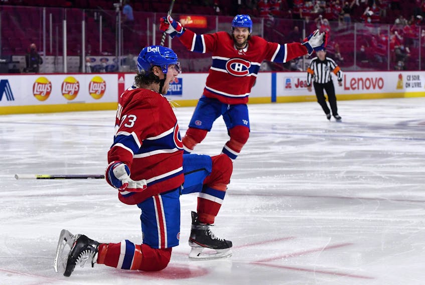 Montreal Canadiens forward Tyler Toffoli (73) reacts  after scoring the game- and series-winning goal against the Winnipeg Jets on Monday night.