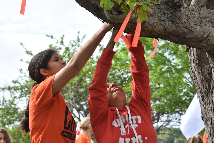 Orange ribbons are tied to a tree. TINA COMEAU PHOTO 
