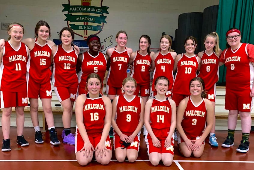 Malcolm Munro in Sydney River captured the Highland Region Middle School Girls 'A' Basketball Championship earlier this season, capping off an undefeated season beating Oceanview Education Centre of Glace Bay in the finals. From left, front row, Ellie Parsons, Mattea MacKinnon, Kiera Brown and Danni Usher; back row, Kate Anderson, Carmen Dawson, Kaley Axworthy, Chelsea Amooko, Julia Pattengale, Gabi Rigby, Blair MacPherson, Olivia Gallaway, Maisy Campbell and Brooke Martell. Also part of the team were coach Scott Usher and assistant coaches Lauren Usher and Erin Beaton. CONTRIBUTED • SCOTT USHER