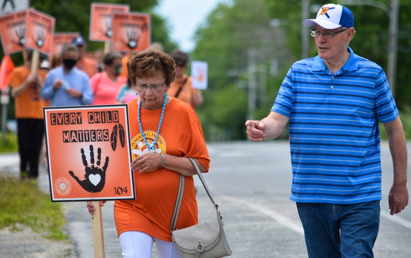 About 50 people participated in the Every Child Matters walk in Shelburne on July 10 to honour and remember First Nations children and survivors impacted by the residential school system. KATHY JOHNSON - Kathy Johnson