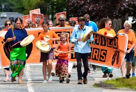 Acadia First Nation members lead the Every Child Matters walk in Shelburne on July 10 to honour and remember First Nations children and survivors impacted by the residential school system. KATHY JOHNSON