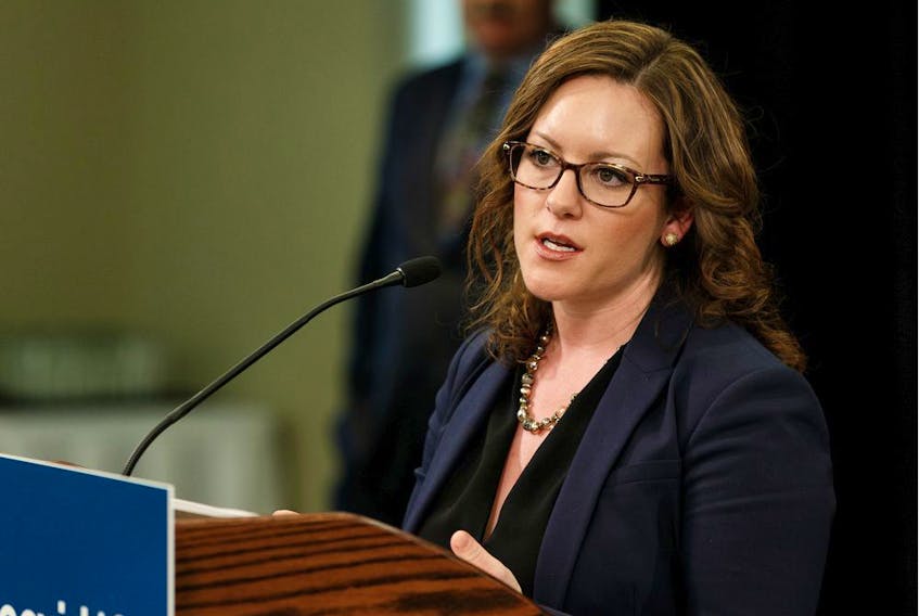 Minister of Children's Services Rebecca Schulz speaks during a COVID-19 coronavirus pandemic provincial briefing at the Federal Building in Edmonton, on Wednesday, April 1, 2020. 