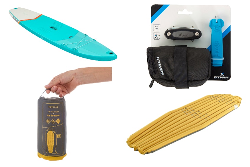 Clockwise from Left: ITIWIT SUP GONFLABLE X100 10' VERT ; kit outil ; sdc matelas forclaz 700 ultra compact xl 2018 ; sdc matelas forclaz 700 ultra compact xl 2018