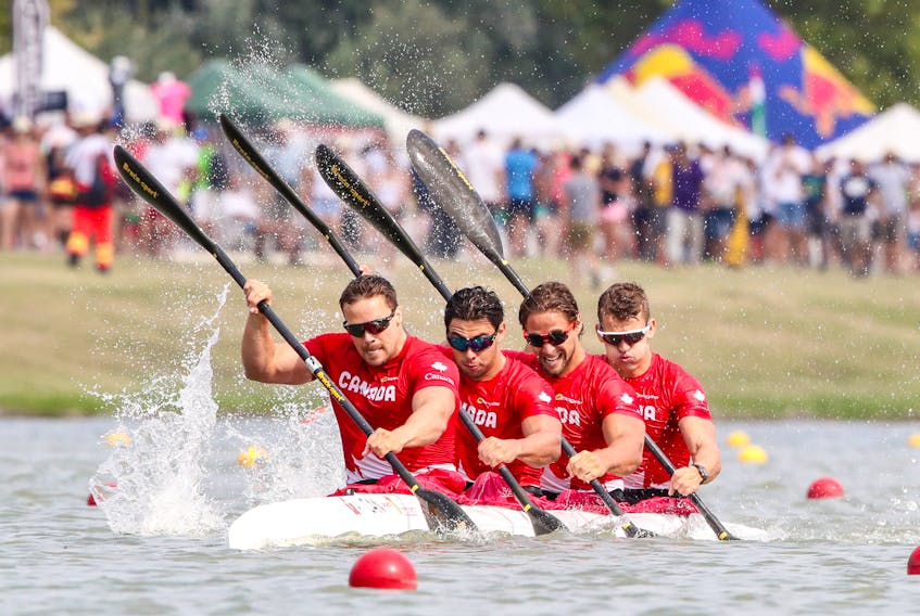 Halifax kayaker Mark de Jonge, front, leads the Canadian K-4 team of Nicholas Matveev, Pierre-Luc Poulin and Simon McTavish into the Tokyo Olympics. For de Jonge, this will be his third and final Olympics. – Canoe Kayak Canada