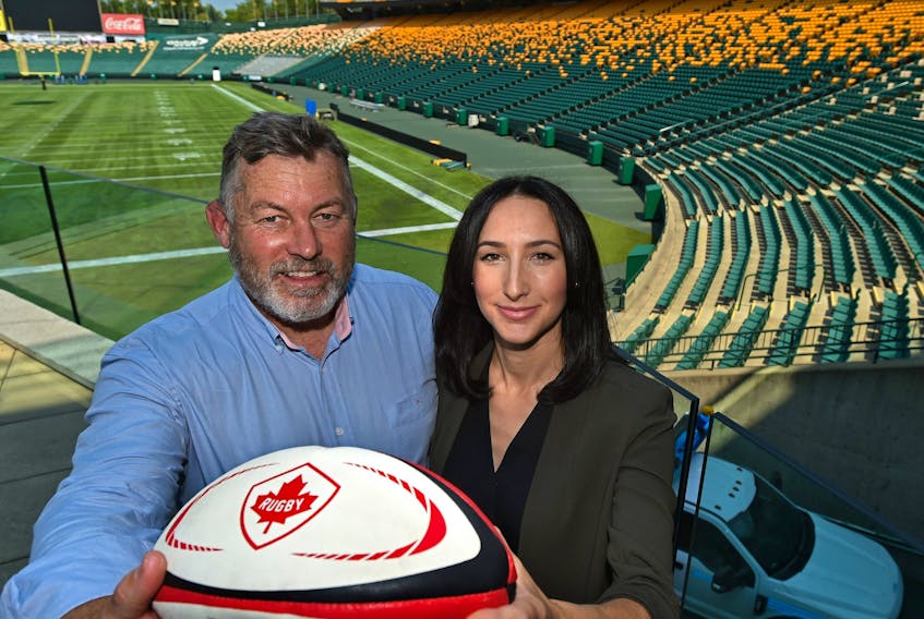 Gareth Rees, Rugby Canada director, and Janelle Janis of Explore Edmonton undergoing site inspection on July 14, 2021, ahead of the Edmonton International Sevens rugby competition at Commonwealth Stadium  set for Sept. 3-5, 2021.