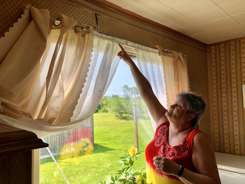 Susan MacNeil points at where water has damaged the ceiling and wall from water that leaked in through an upstairs window. This has also caused the wood to rot around the frame of the downstairs window. NICOLE SULLIVAN/CAPE BRETON POST