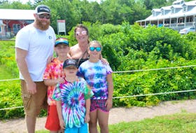 Travis Turple and Sarah Day, back row, are enjoying a week of holiday camping in Cavendish with their family, Benjamin Turple, front, and middle row, Bradyn Day and Leah Day, right. The Nova Scotia family said it is positive news that P.E.I. will begin welcoming visitors from across the country on July 18.