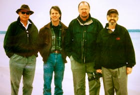 Friends Brian Kelly, Barry Barnett, Bill Kilfoil and David Andrew Howlett on Hubbards Beach, during a last-hurrah tour of the South Shore where David grew up. This photo was taken in 2000, just a week before David died of cancer.