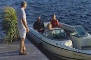 A screenshot of security video showing Linda O'Leary, wife of celebrity investor Kevin O'Leary, driving their speedboat to a neighbour's cottage on the evening of a fatal boat crash. Kevin is in a black shirt, Linda in blue jeans and a white top and Allison Whiteside, an O'Leary family friend, is in red top.  