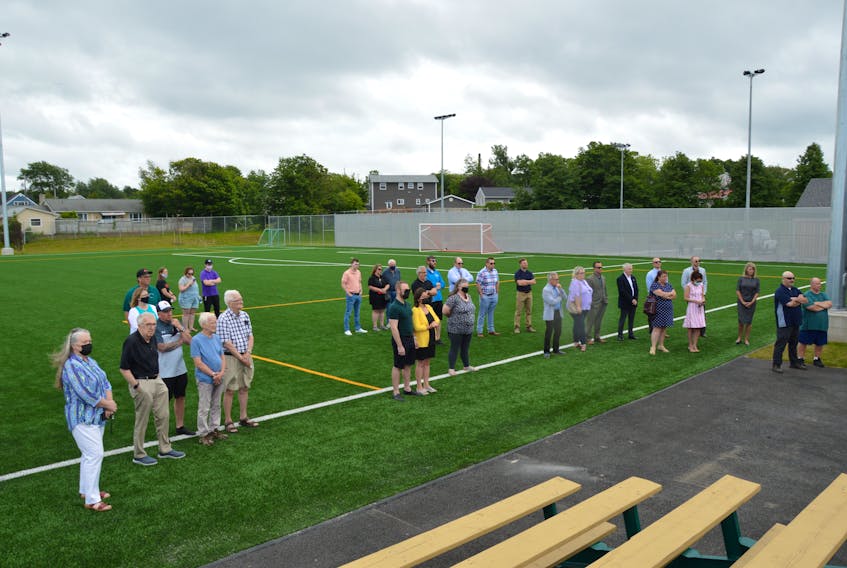 Close to 40 people attended an announcement at the Francis MacKinnon Memorial Field in New Waterford on Friday where the provincial government committed $7.7 million to build a new community wellness centre. JEREMY FRASER/CAPE BRETON POST
