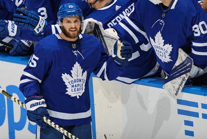 Alex Kerfoot of the Toronto Maple Leafs celebrates after scoring a goal against the Ottawa Senators at Scotiabank Arena on Feb. 17, 2021.
