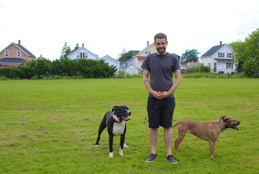 Daniel Cantin, owner of Gibson's Legacy, takes his two dogs, Rogue and Roxi, for a walk in the park.