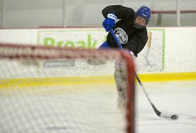 Sarah MacEachern focuses on the target while skating at UPEI. MacEachern, who is from Canoe Cove, will attend Hockey Canada’s national women’s under-18 team summer development camp in Calgary from July 29 to Aug. 5.