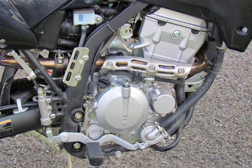 The 2021 Kawasaki KLX300SM’s liquid-cooled, 292-cc, single-cylinder engine claims a modest 26 horsepower and 17.7 pound-feet of peak torque. Costa Mouzouris/Postmedia News