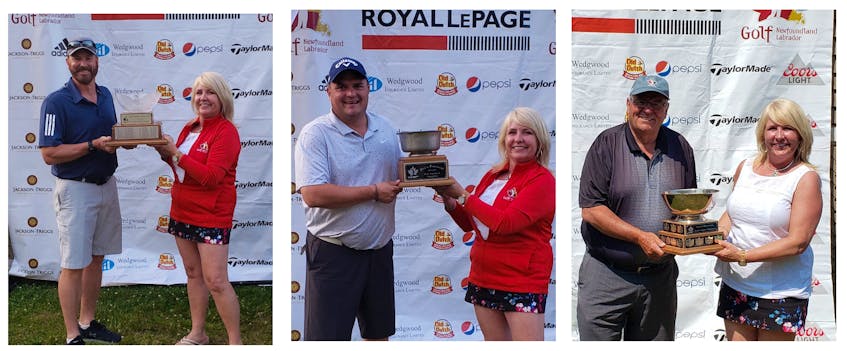 Golf Newfoundland and Labrador president Janine Fraser presents championship trophies to (from left) Chuck Conley (senior men), Jamie Squires (mid-amateur) and Alan Masters (super senior men) at the 2021 provincial amateur golf championships held at the Twin Rivers course at Terra Nova Resort in Port Blandford. — Contributed/Golf NL