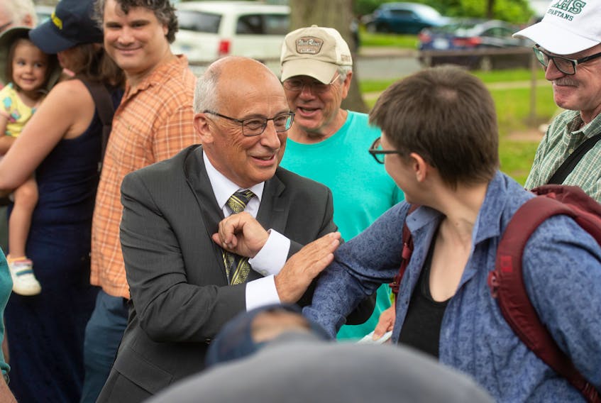 NDP Leader Gary Burrill collides with supporters following a campaign launch rally in Halifax on Saturday July 17, 2021. The provincial election will be held on August 17.  - Ryan Taplin