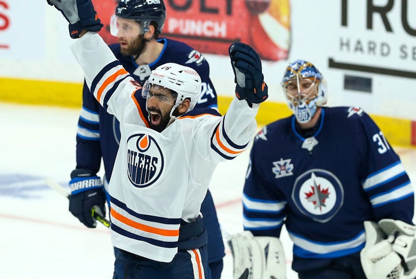 Edmonton Oilers forward Jujhar Khaira celebrates his goal against the Winnipeg Jets in Game 3 of their Stanley Cup playoff series in Winnipeg on May 23, 2021.