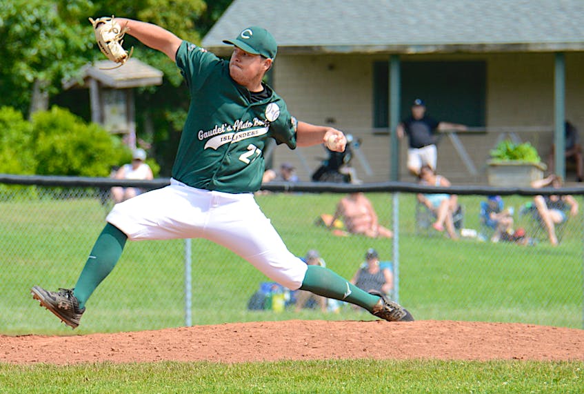 Charlottetown Gaudet's Auto Body Islanders lefty J.P. Stevenson throws a pitch during Game 1 of a New Brunswick Senior Baseball League doubleheader with the Saint John Alpines July 17 at Memorial Field. - Jason Malloy