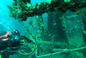 A diver works on the wreck S.S. Rose Castle near Bell Island in July 2019 to remove unexploded ordnance (UXO) in this still taken from a video by the Fleet Diving Unit (Atlantic). Divers are back in the area this month to finish clearing ordnance from two remaining sunken vessels.