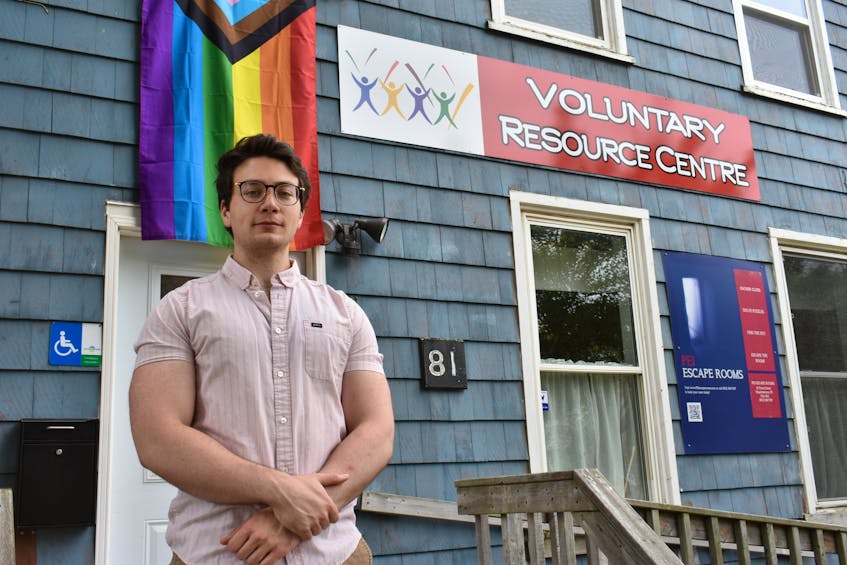 Connor Kelly, tenant network co-ordinator with P.E.I. Fight for Affordable Housing, stands outside the Voluntary Resource Centre in Charlottetown.