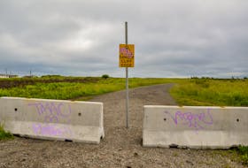 Since Taylin Kavanaugh's accident in July 2020, a warning sign and cement barriers preventing cars from driving to the cliffside have been put up at Swivel Point in Sydney Mines. JESSICA SMITH/CAPE BRETON POST