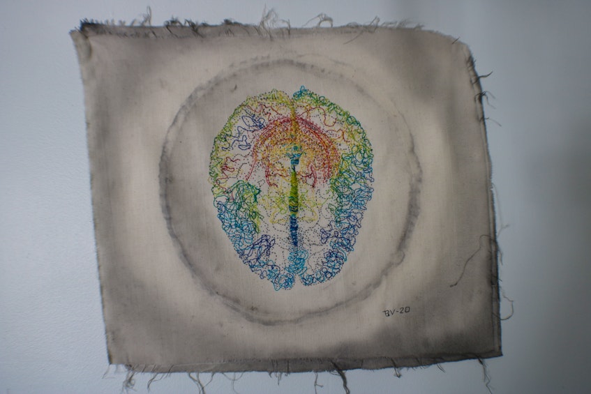 "What is the Secret to Happiness," a hand-embroidered art piece by St. John's-based artist Bruno Vinhas featured in his exhibit, "When It Stopped," opening at the Eastern Edge Galley's rOGUE Gallery this week. The piece is based on an MRI image of a brain. — Contributed