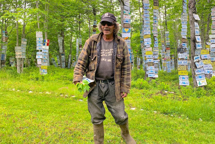 Leo Murray stands on his property in French Cove, Richmond County, where he’s nailed nearly 3,000 licence plates to the tree that line the roadside. Chris Connors/Cape Breton Post