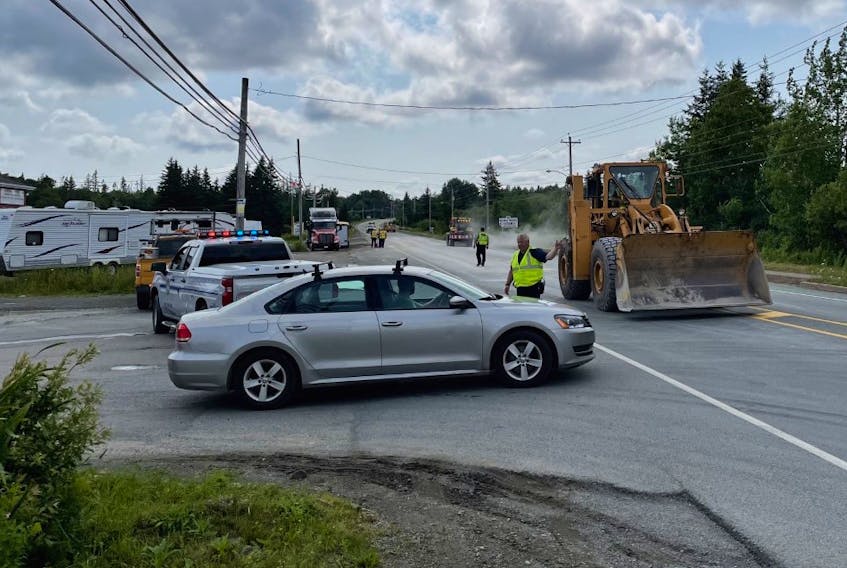 The Department of Transportation and RCMP are on the scene of a reported accident between a vehicle and an 18-wheeler in Howie Centre near the Needs Convenience Store.