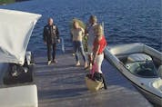 Screen shot of security video shows Linda O'Leary (second from left), wife of celebrity investor Kevin O'Leary (left), with their speedboat on the evening of the fatal crash.