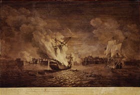 This engraving shows the British burning of the warship Prudent and capturing of the warship Bienfaisant during the siege of Louisbourg. Prudent was one of four giant warships sunk in the siege and their destruction sealed the fate of the fortress. CONTRIBUTED/Maritime Museum of the Atlantic, M55.7.1