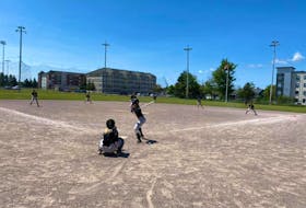 Batter Emma Storey awaits a pitch from Grace Bedour during a recent intra-squad game for the P.E.I. Under-14 Whitecaps. Also in the photo are Madisynne Gauthier, catcher, Hallie Chaisson, third base, Chloe Arsenault, shortstop, Leah MacLean, second bace, and Brooke McGuigan, first base. The Whitecaps are one of five teams competing in the Red Isle Realty Under-16 Atlantic Fastpitch Classic tournament in Richmond, July 23-25.