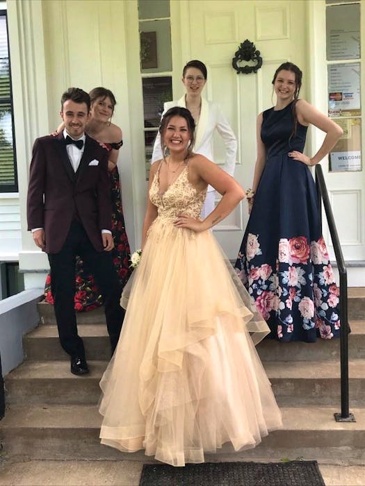 As has become tradition for Avon View High School students, posing for photos outside Haliburton House Museum in Windsor before the prom parade is a must. Pictured here are, from left, back row: Lea Sauveur, Sasha Postma, and Kiera Huntley; front row: Louis Sharpe and Lola Velden. - Contributed