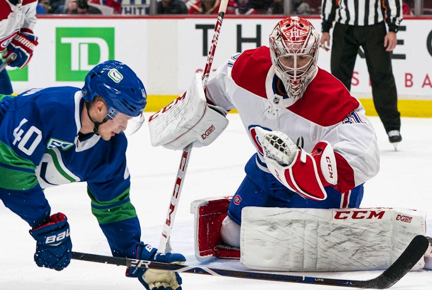 NHL expansion draft scenarios that involve a move of Montreal Canadiens star goalie and former league MVP Carey Price (right) to Seattle could have a big impact on the fortunes of the Vancouver Canucks. Topping that list would be the status of pending restricted free agent Elias Pettersson (left).