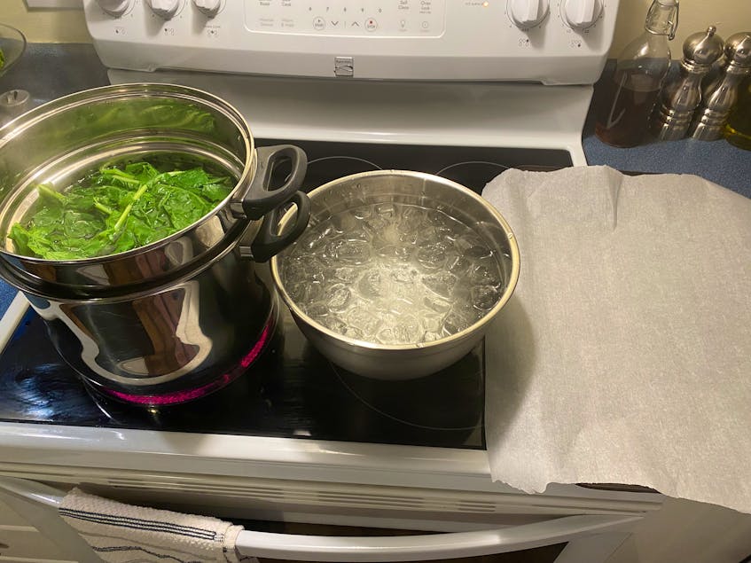 A blanching assembly line: boiling, ice bath and drying. — Erin Sulley photo