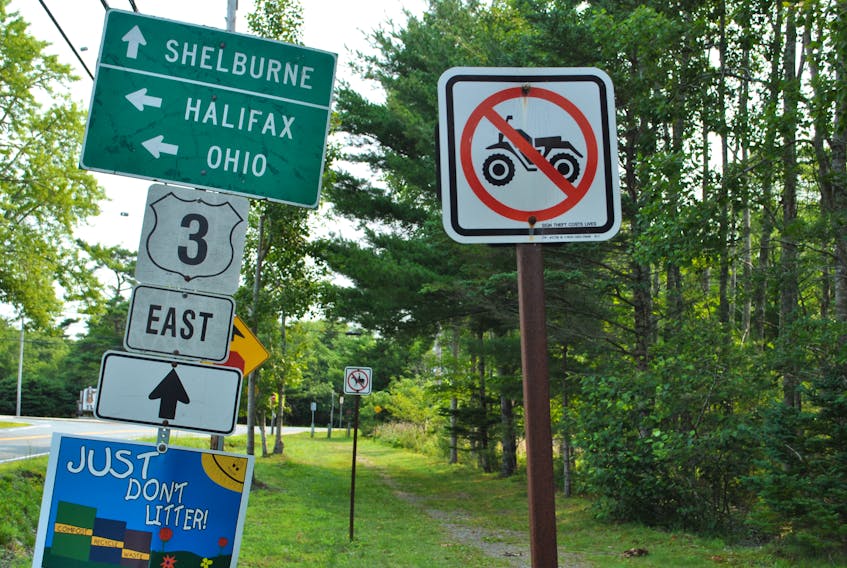 There are lots of signs at the start of the rail trail through the Town of Shelburne where it connects with the Roseway River Trail. The Town of Shelburne is seeking regulatory approval from the province that would allow for the operation of off-highway vehicles (OHV) on certain town streets.