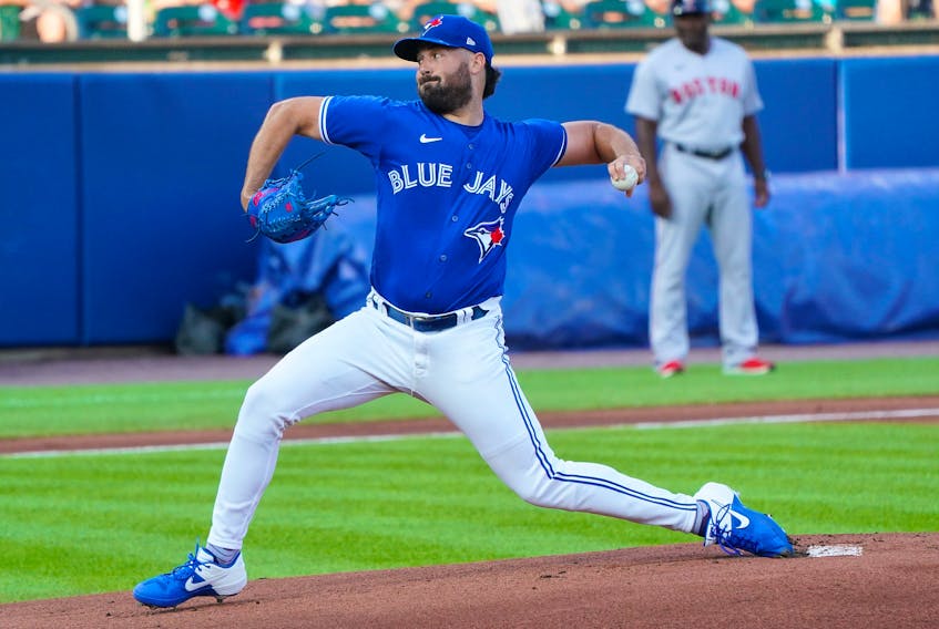 Blue Jays sarting pitcher Robbie Ray delivers during the first inning against the Boston Red Sox at Sahlen Field on July 21, 2021 in Buffalo.